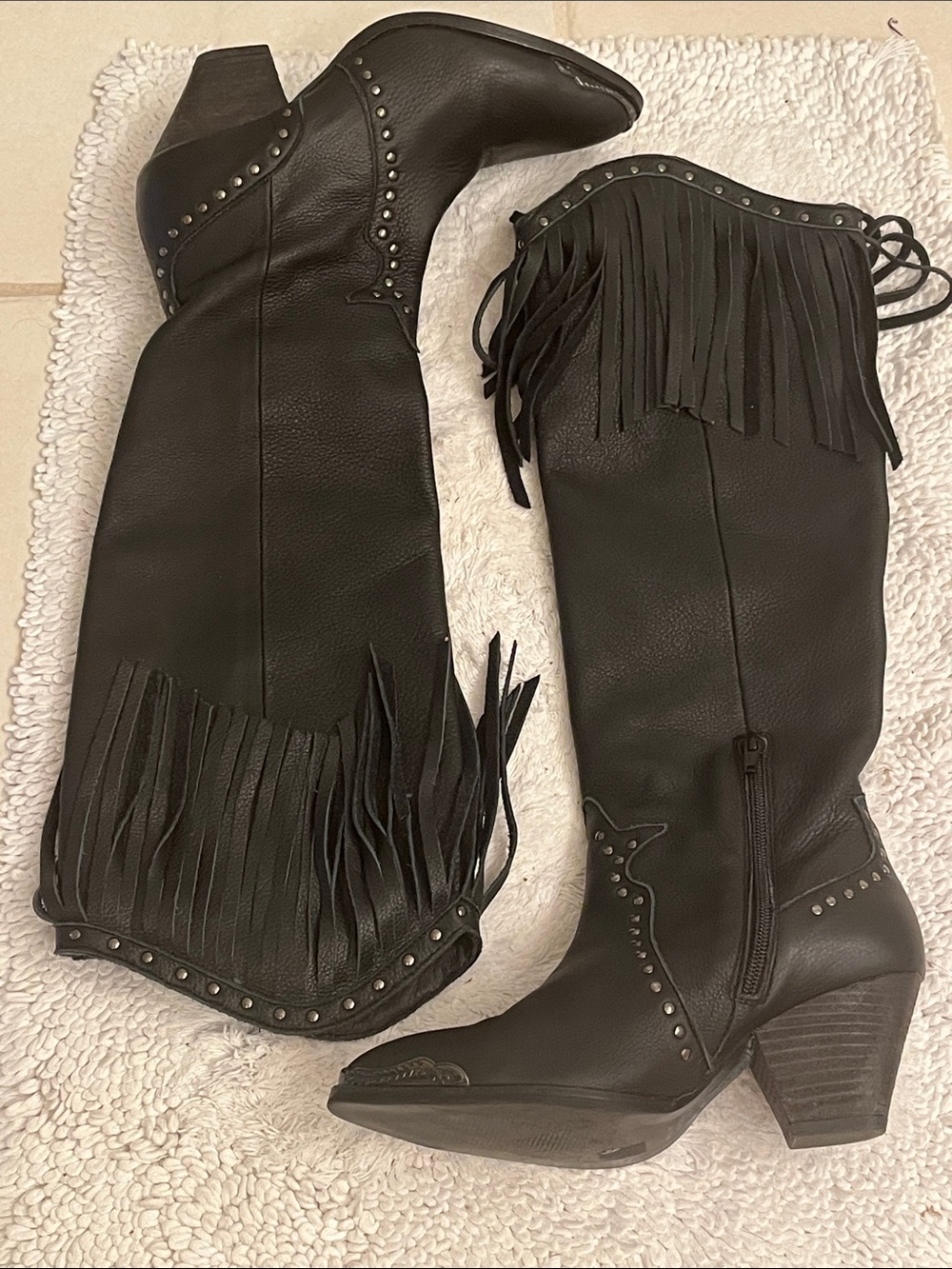 Fringed Black Studded Western Knee Boots by Maggie Sweet Size 37 Made in Spain